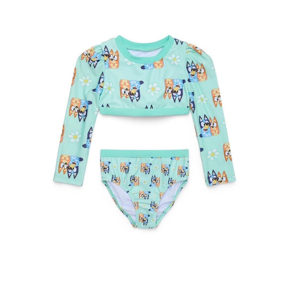 Bluey Green Toddler Girl Long- Sleeve Bikini Swimsuit Two-Piece 4T Cute Dogs